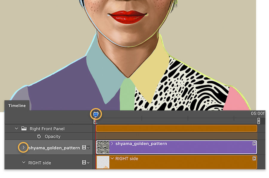 Animation timeline overlaps bottom portion of illustrated headshot, playhead is at the beginning of the timeline 