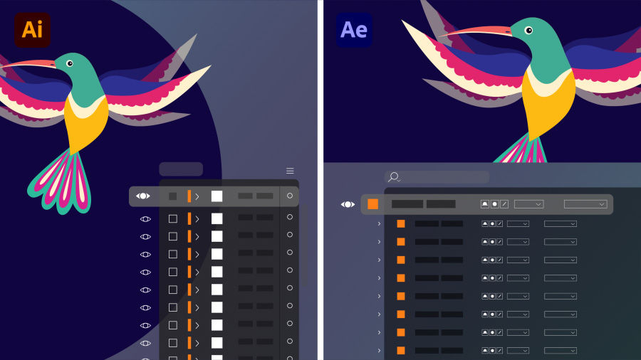 Side-by-side images of layers in an Illustrator file on the left, the same layers in the After Effects Timeline on the right