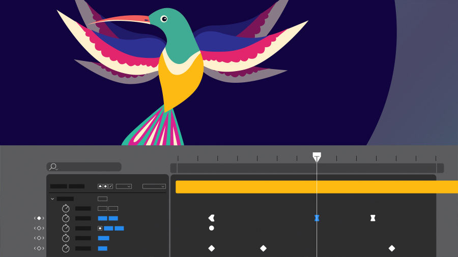 A close-up of the Timeline in After Effects, showing layer properties and animation keyframes