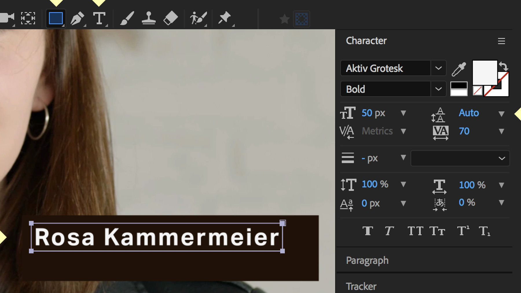 The woman’s name is added and a rectangle is placed around it to become the mask that hides and reveals the lower third.
