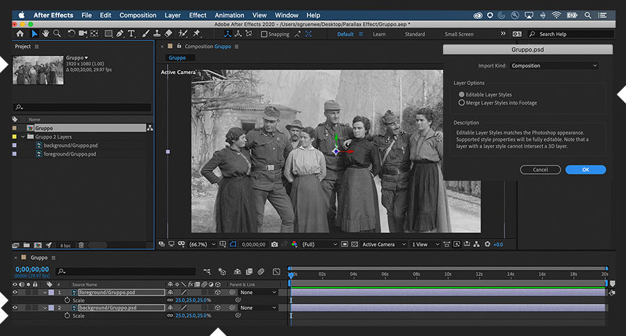 Adobe After Effects shows foreground and background layers imported into a new composition and the 3D switch set