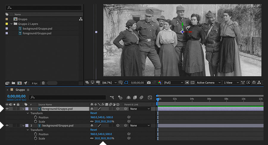 Timeline panel shows z-space Position and Scale adjustments made to foreground and background layers