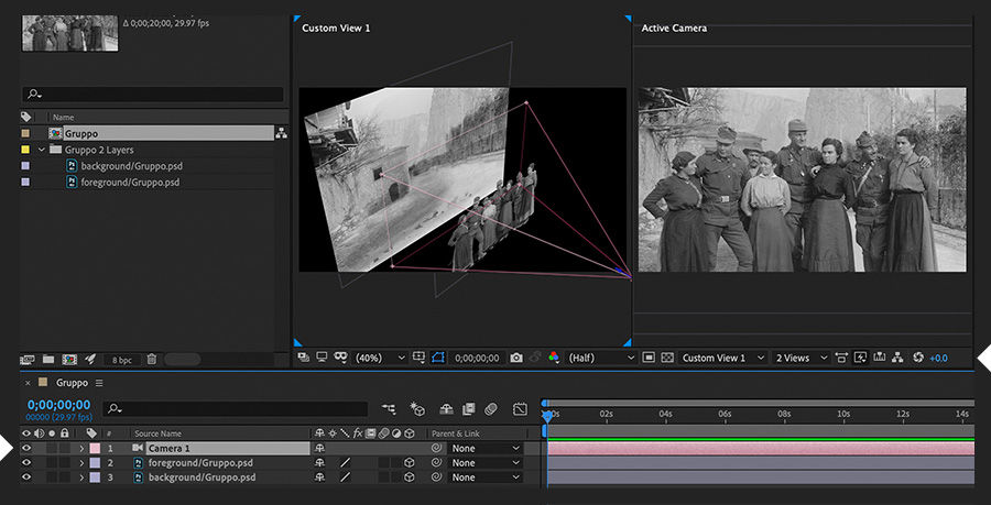 Composition panel shows Custom View 1 and Active Camera views side by side