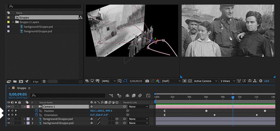 Timeline panel shows camera movement keyframes and Composition panel shows path of camera movement in 3D space