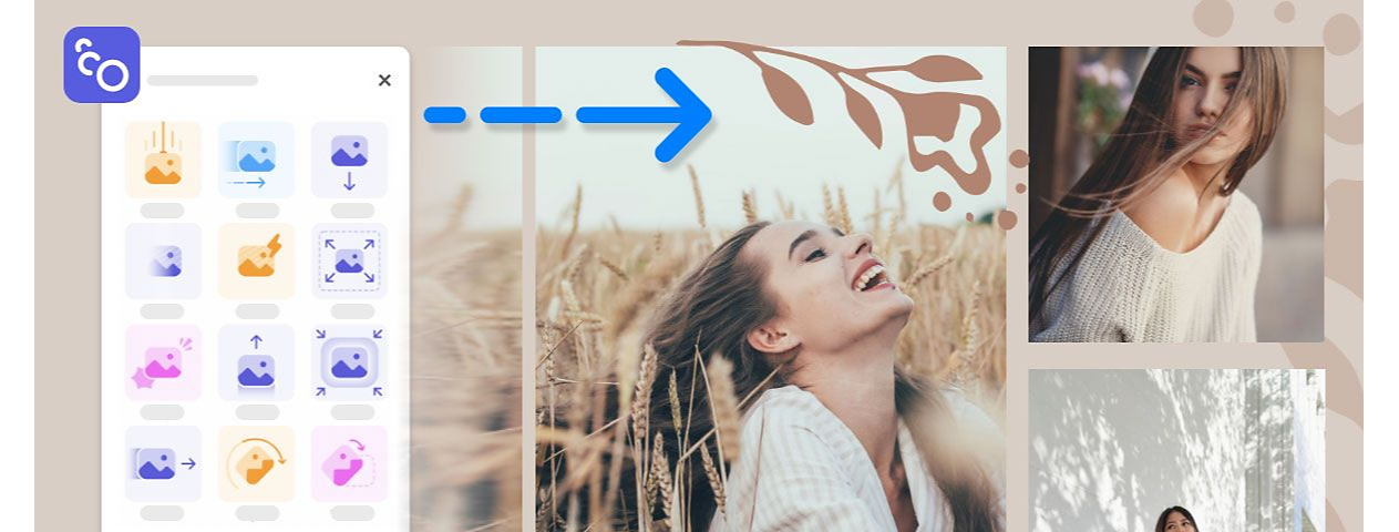 在 Adobe Express 画布中打开一个白色区域中的女孩图像,动画选项在左侧面板中打开。||animate-text-and-photos-express.jpg