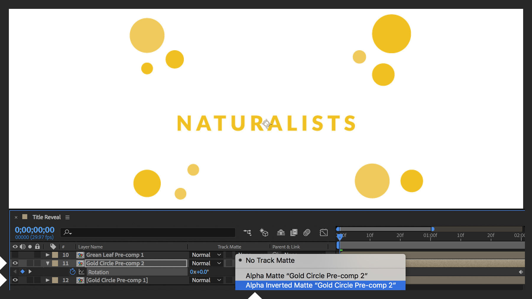 Gold circles are precomposed and duplicated. Rotation keyframes are added, and Alpha Inverted Matte layer is selected.