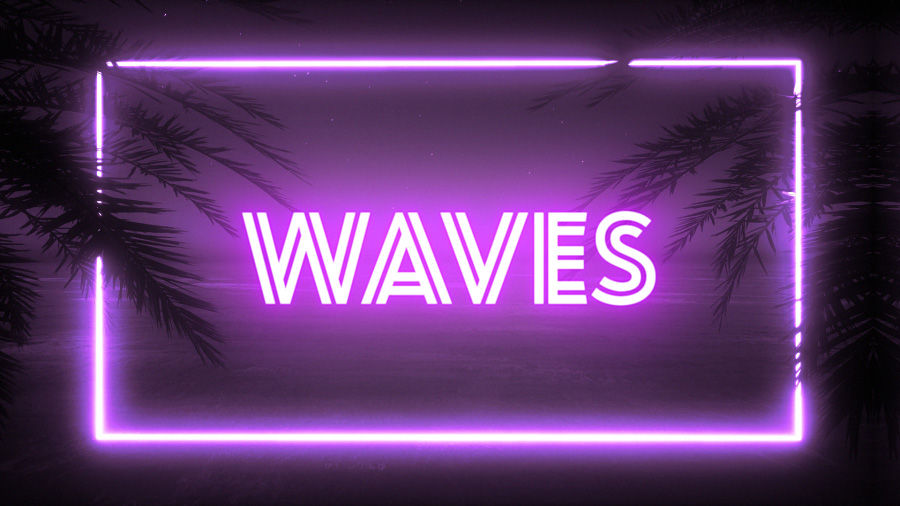 A dark beach image with the title “Waves” in a neon visual treatment