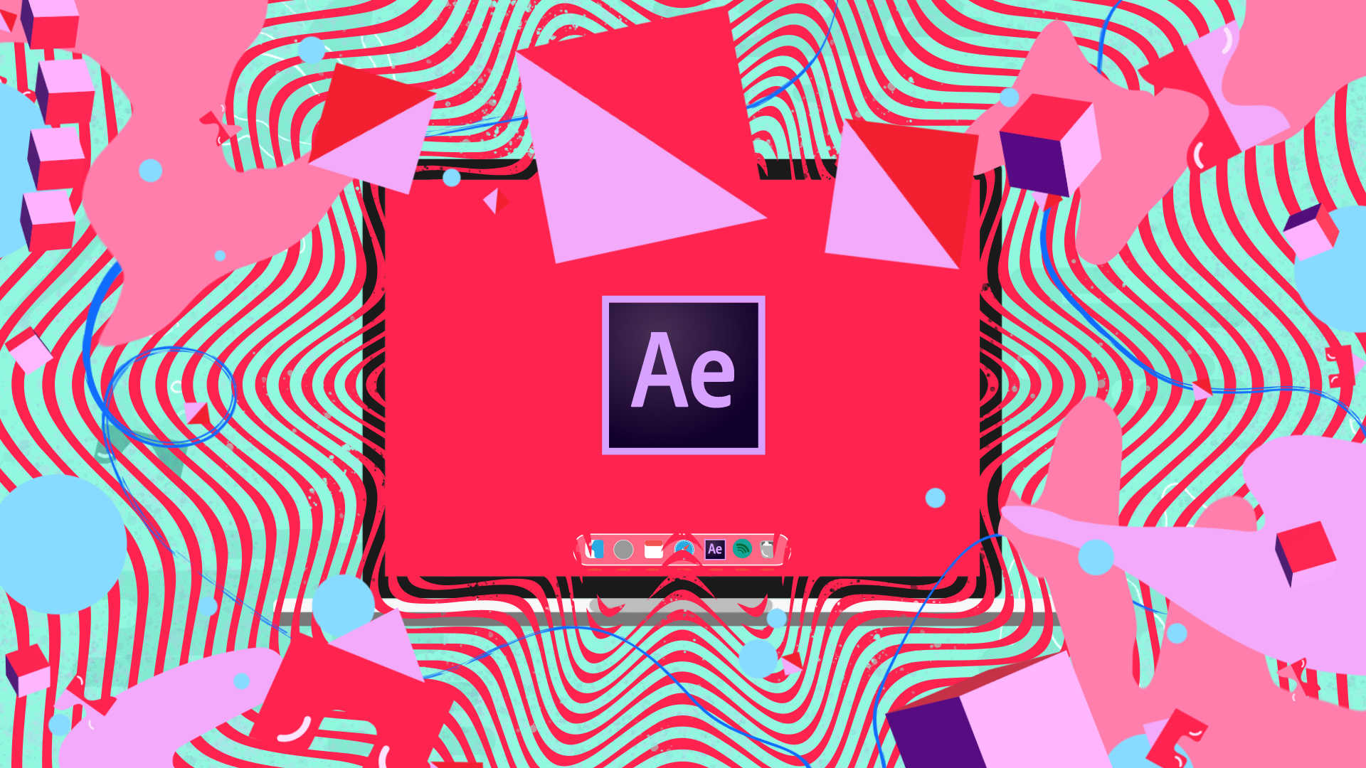 Adobe After Effects logo is displayed on a computer monitor. Colorful abstract shapes fill the area around the monitor. 