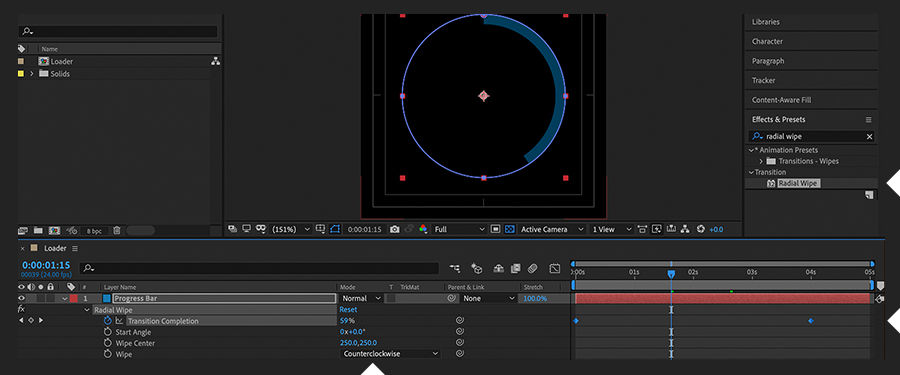 Composition panel shows a blue progress bar