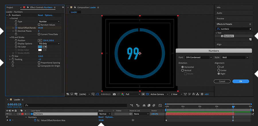 Numbers layer appears at the top of the Timeline and Numbers effect dialog box on top