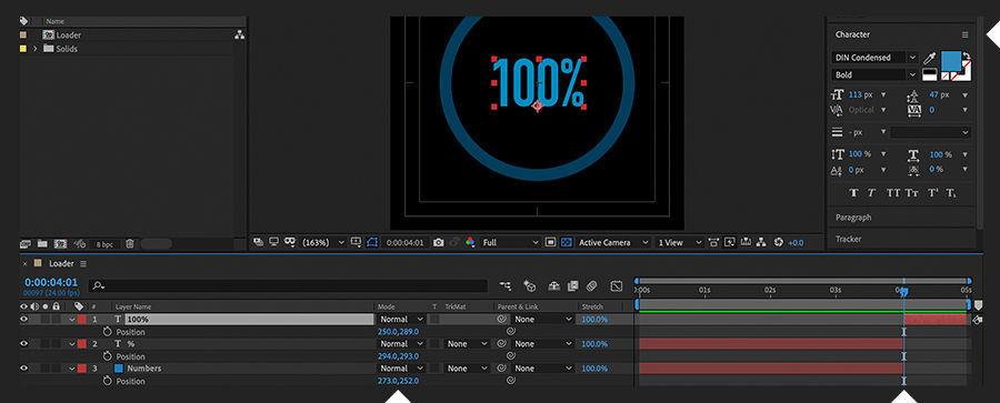 Additional layers showing ‘%’ and ‘100%’ appear at the top of the Timeline panel and final design appears in the Comp panel