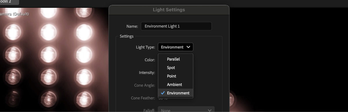 In the Light Setting dialog, Environment is selected from the Light Type dropdown list.