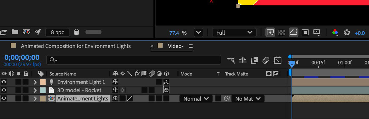 A composition is added as a layer in the Timeline panel.