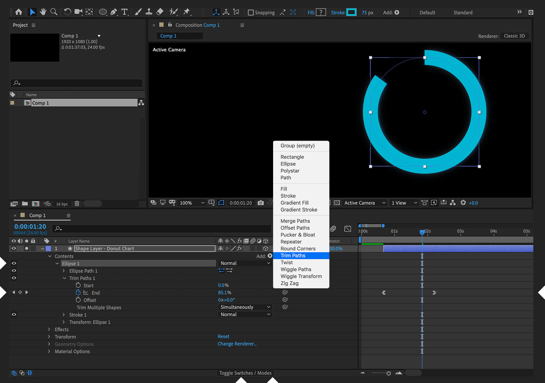Trim Paths is selected and keyframes are added to show a circle drawing itself.