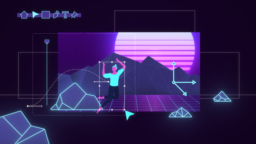 An animated illustration of a figure jumping, with a sunset and mountain backdrop