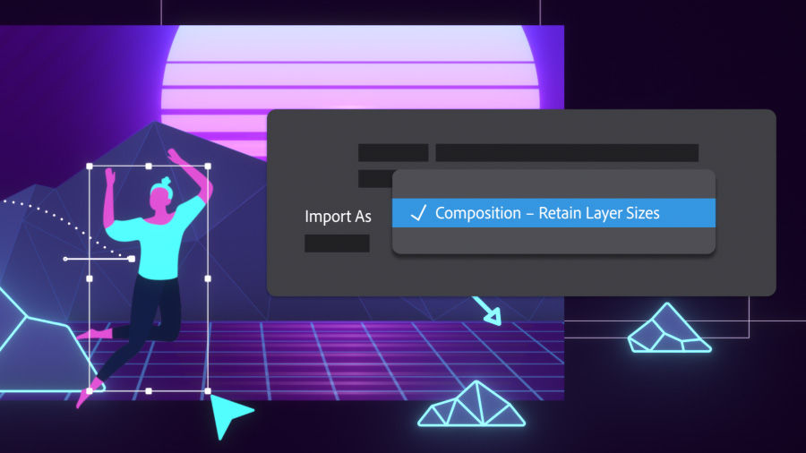 An animated illustration of a figure jumping with an After Effects dialog overlaid, showing the Import As field with the Composition - Retain Layer Sizes option checked