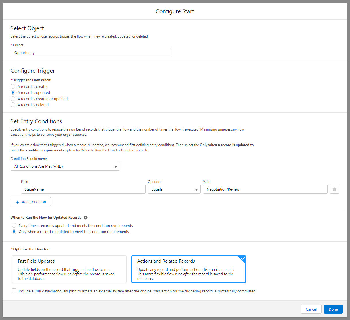 Set the Start trigger for update records flow in Adobe Acrobat Sign.