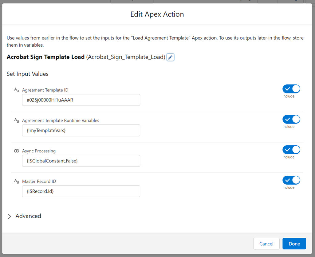 Set input values for Apex Action flow in Adobe Acrobat Sign agreement.