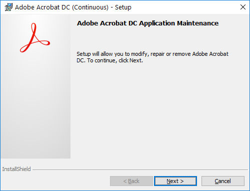 Acrobat application maintenance dialog box