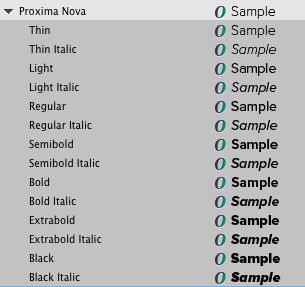 List of Proxima Nova styles