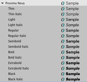 Lista de estilos de Proxima Nova