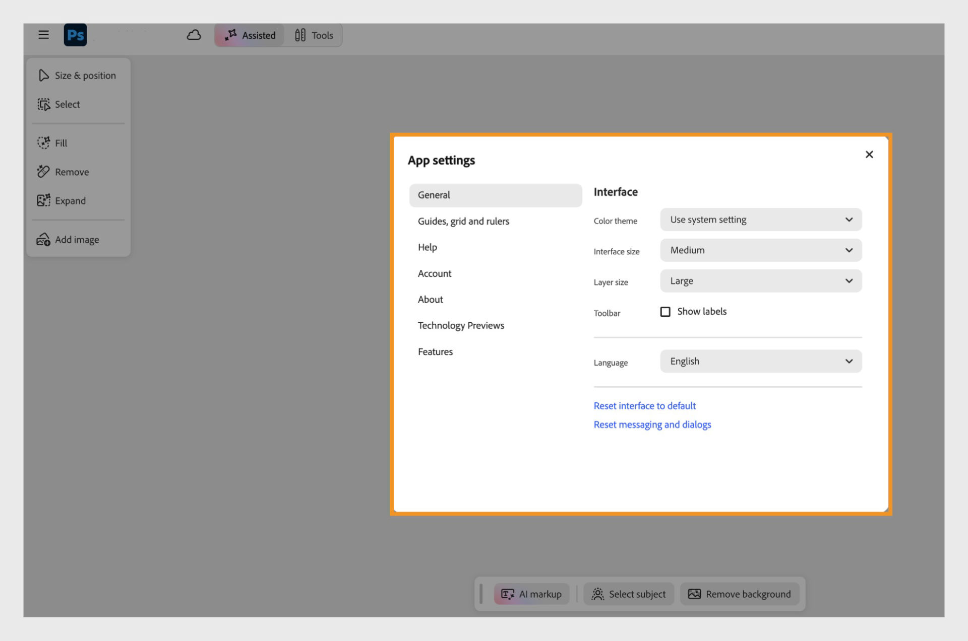 The App settings dialog box is open, displaying settings categories such as General, Guides, grid and rulers, Help, Account, and more.