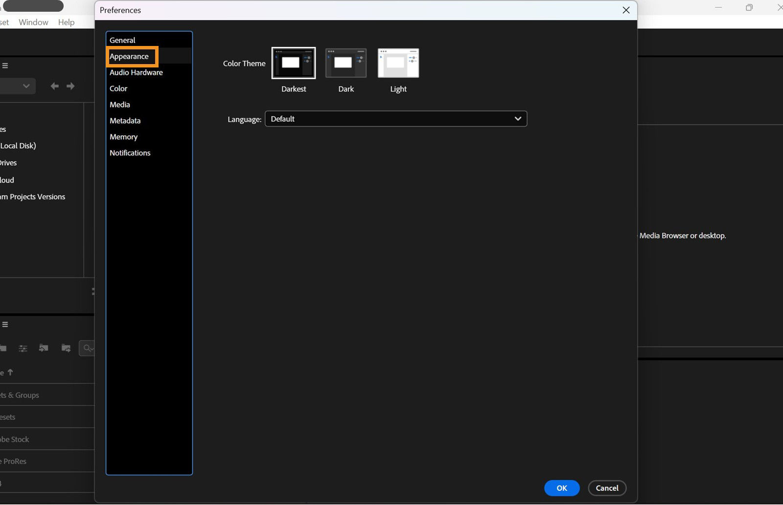 The Preferences dialog box is open and the Appearance tab is selected and the fields and options in the Appearance tab are displayed. 