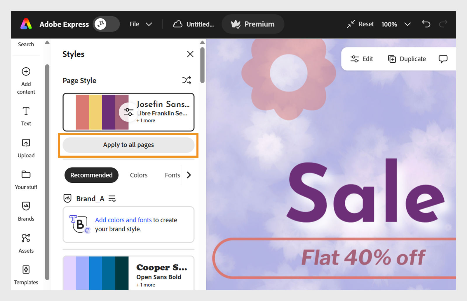 Adobe Express editor showing the Styles panel with a selected “Josefin Sans” page style applied, along with Colors and Fonts options, and a “Sale” design preview with blue floral elements and “Flat 40% off” text.