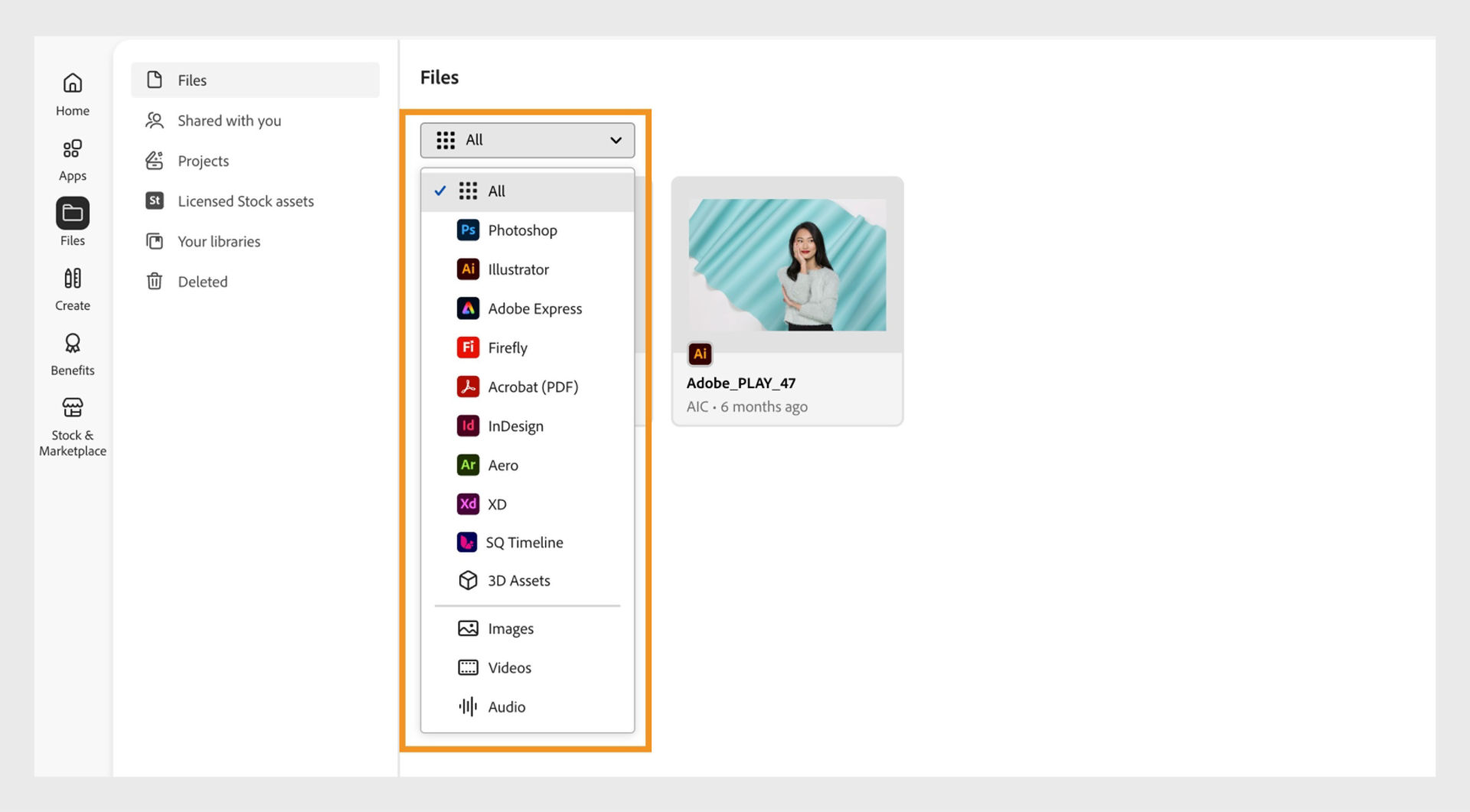 The dropdown menu under Files in the Files tab provides the option to apply filters on your cloud documents. 