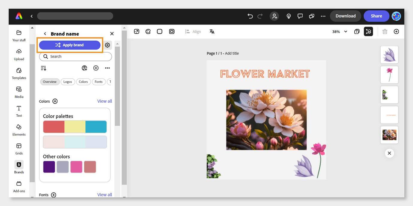 Design of a flower market flyer with blooming flowers is open within the editor. The Brand panel open with Apply brand highlighted