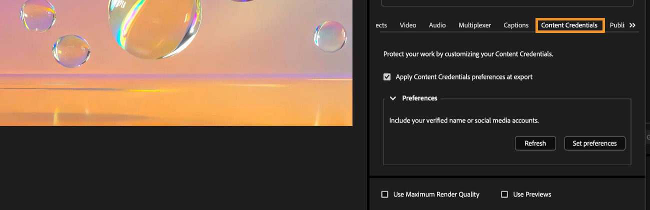 Adobe Media Encoder showing the Content Credentials tab with options to apply preferences at export.