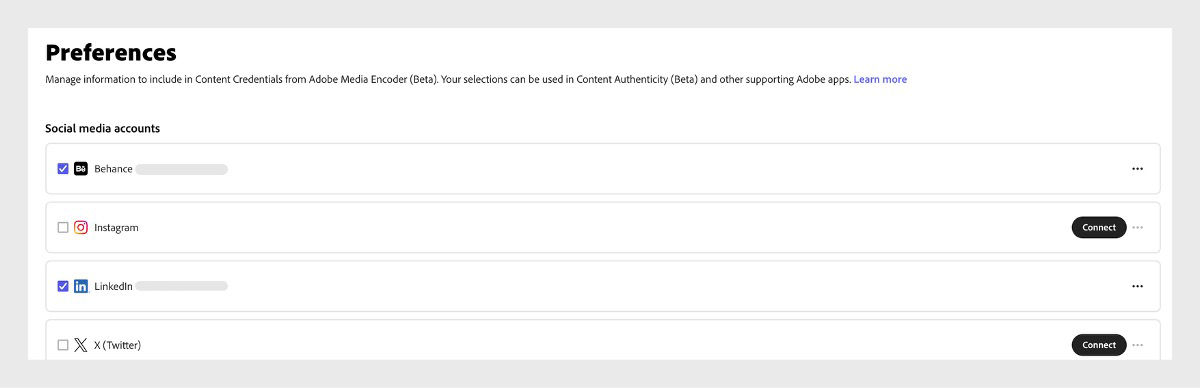 Preferences screen shows options to link social media accounts for Content Credentials in Adobe Media Encoder.