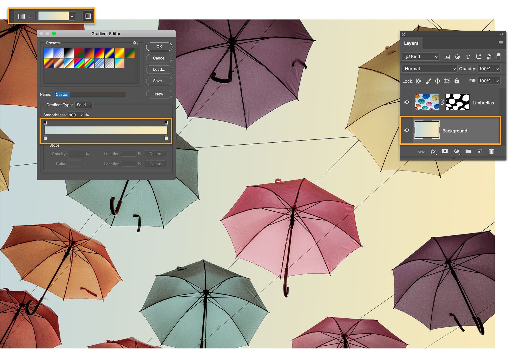 Gradient Editor box shows custom pastel gradient applied to sky. Layers panel shows gradient on Background layer.