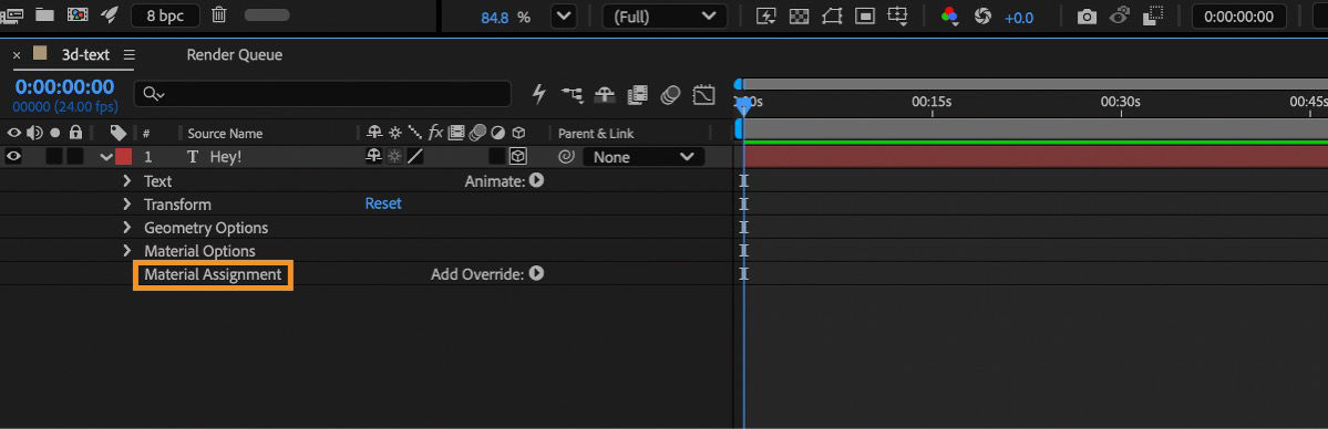 Material Assignment property expanded in the Timeline panel with the Add Override control highlighted.