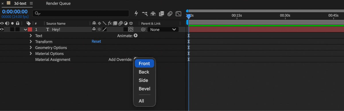 Add Override menu listing Front, Back, Side, Bevel, and All surface options.