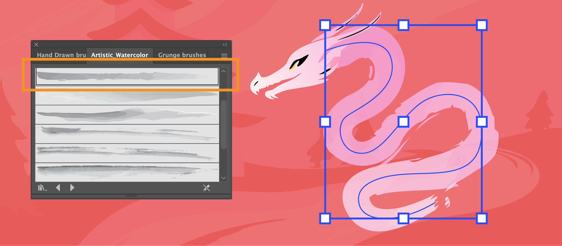 Illustrator interface showing Artistic Watercolor brush selected and applied as a stroke to a dragon path, creating a hand-painted effect.