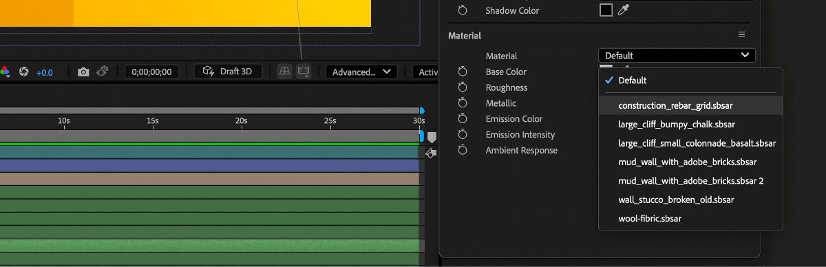 The Material dropdown menu in the Properties panel is open, and one of the imported SBSARs is selected.