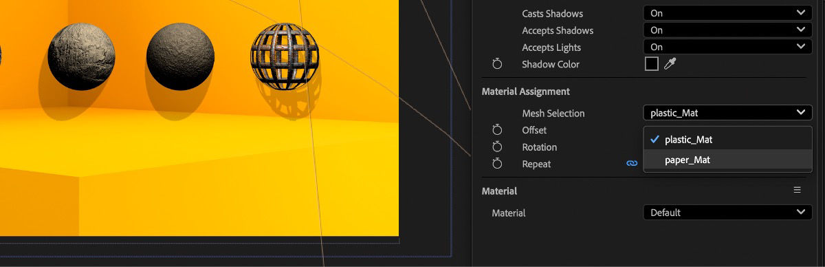 The Mesh Selection dropdown menu under the Material section in the Properties panel is open, and one of the multiple assignable materials is selected. 