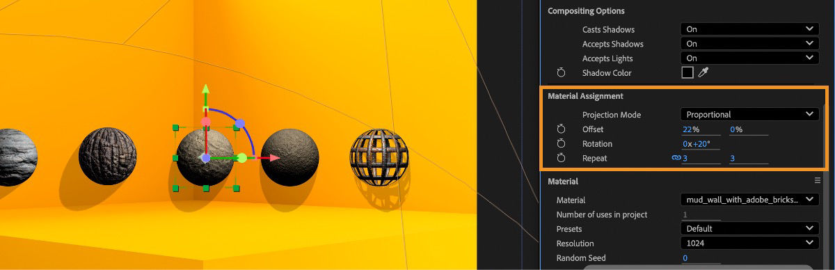 The Material Assignment section highlights options like Offset, Rotation, and Repeat to adjust how the material is applied to the model.