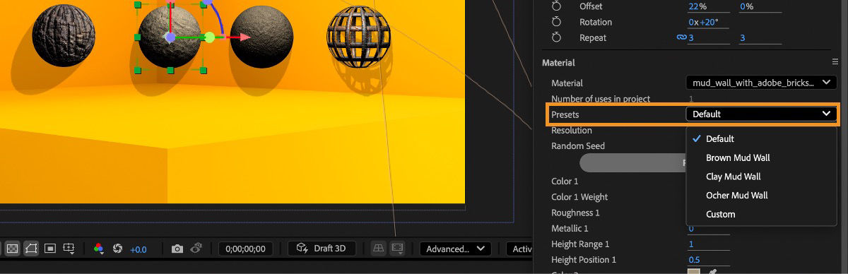 The Presets dropdown menu under Materials in the Properties panel is open, and there are multiple presets to choose from.