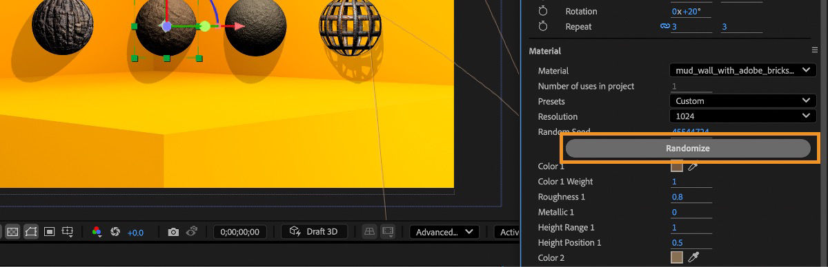 The Randomize option is highlighted in the Material section.