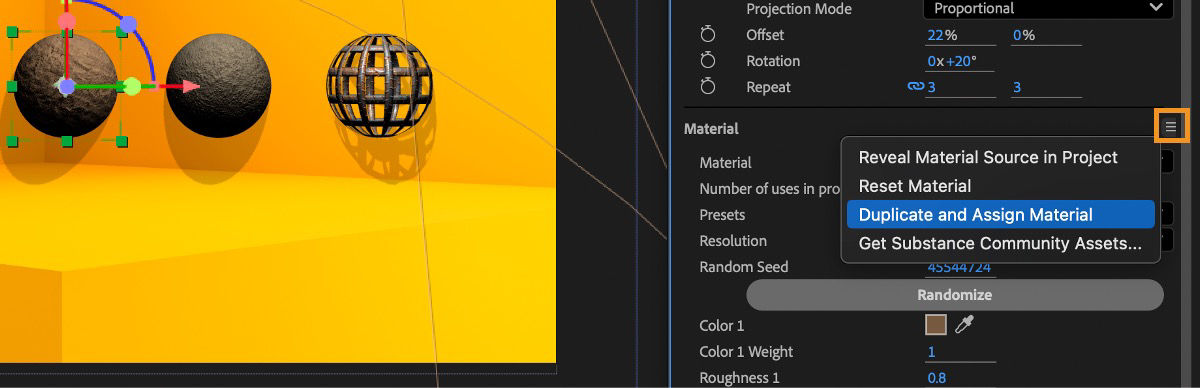 The Material section menu is open, and the Duplicate and Assign Material from the list is selected.