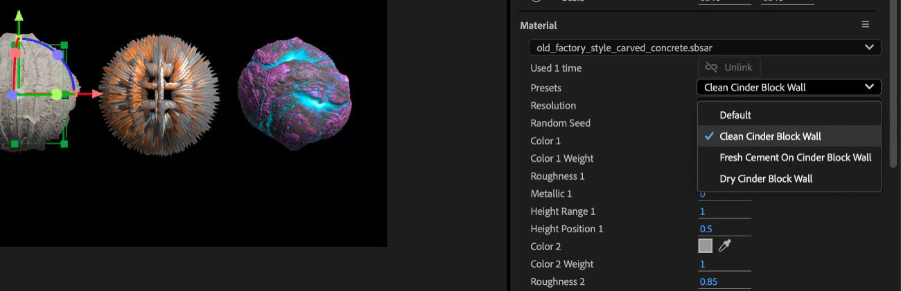 The Presets dropdown menu under Materials in the Properties panel is open, and there are multiple presets to choose from.