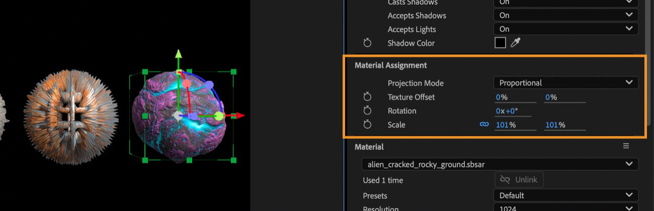 The Material Assignment section highlights options like Offset, Rotation, and Repeat to adjust how the material is applied to the model.
