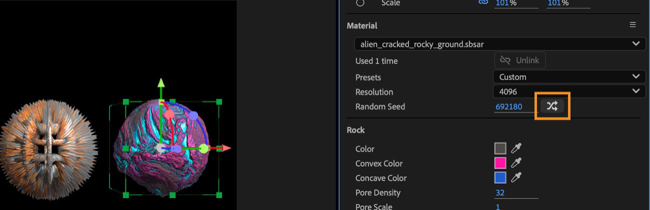 The Randomize option is highlighted in the Material section.