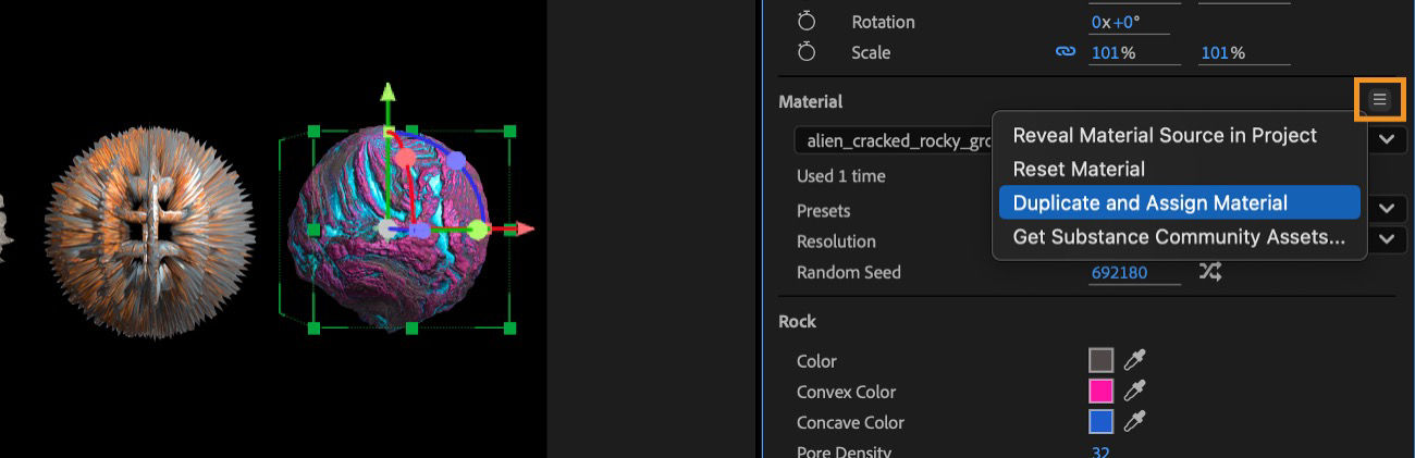 The Material section menu is open, and the Duplicate and Assign Material from the list is selected.