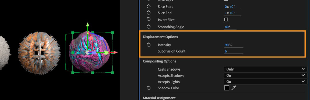 The Displacement Options section is highlighted, and there are Intensity and Subdivision Count options available for adjustment.