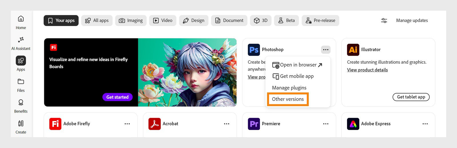 The More actions menu provides the option to install older versions of an app. You can install the available older versions of any Creative Cloud app. 
