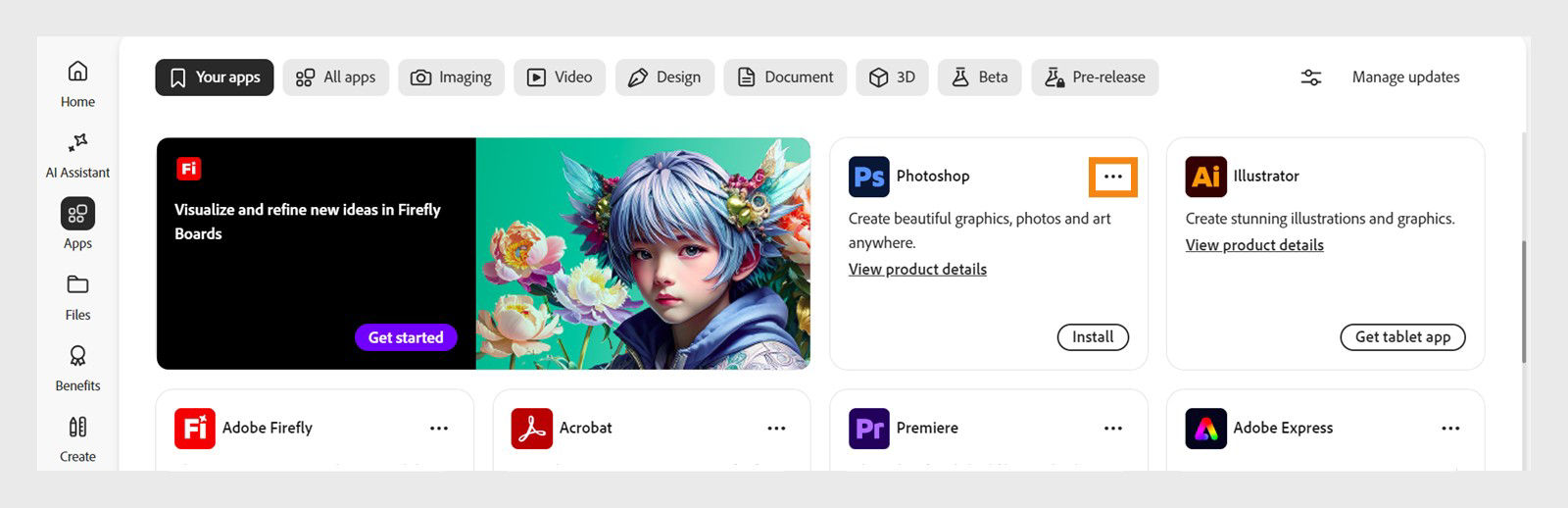 The More actions icon in the lower-left corner of the app tile, with the option to download older app versions.