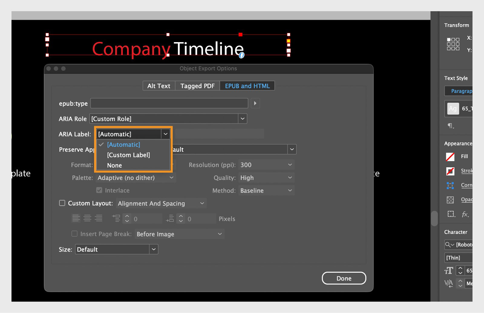 A screenshot showing the Object Export Options dialog with the ARIA Label dropdown options highlighted.